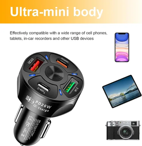 Vista 6 de Augeny Cargador de carga rápida para automóvil de 4 puertos, adaptador de encendedor de cigarrillos, carga automática súper rápida con QC 3.0, PD