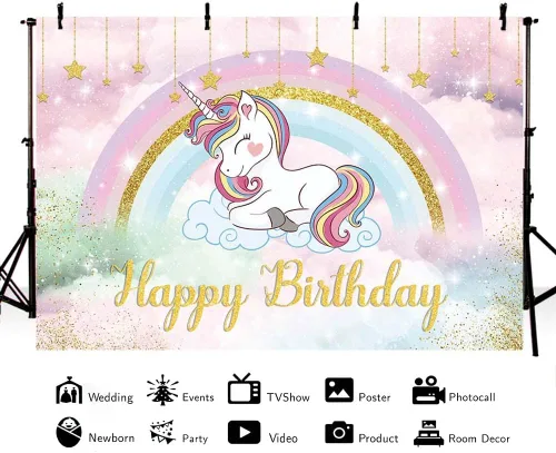 Vista 2 de MEHOFOND Telón de fondo de unicornio de 7 x 5 pies para niñas, cumpleaños, arco iris, caricatura, unicornio, fotografía, fondo de princesa, cielo