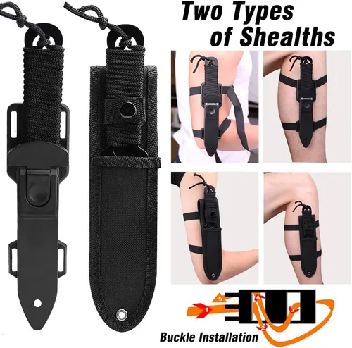 Vista 4 de Cuchillo de buceo punada - Cuchillo de buceo con funda, 2 tipos de fundas, 2 pares de correas para muslos y piernas, cuchillos premium negros