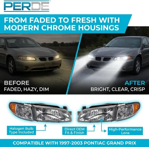 Vista 2 de PERDE Compatible con faros delanteros halógenos cromados Pontiac Grand Prix para conductor y pasajero, con lente de rendimiento