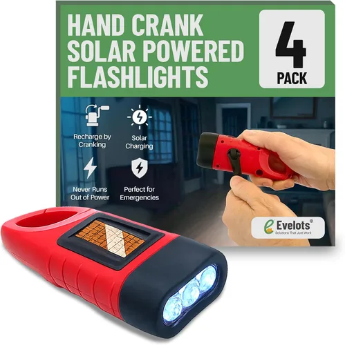 Vista 12 de Evelots - Linternas de emergencia con manivela - 4 unidades - para camping, hogar, automóvil - Luces LED brillantes dobles - Ideal para senderismo