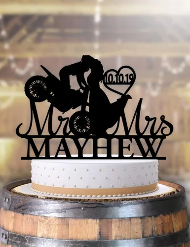 Vista 2 de Biker Motorcycle Bikers Stunt Daredevil Pareja Decoración de pastel de boda