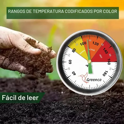 Vista 5 de Termómetro de suelo de compostaje de Greenco, acero inoxidable, esfera de temperatura Celsius y Fahrenheit, vástago de 20 pulgadas