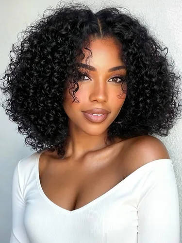 Vista 21 de KLAIYI Bye Bye Slip™ - Pelucas de cabello humano con encaje frontal 7x5, color marrón castaño degradado, rizado, sin pegamento, precortadas de 7 x
