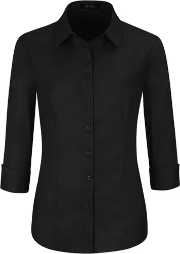 Vista 10 de EZEN - Blusa de manga larga, ajustada, elástica, con cuello de botones para mujer, para oficina, estilo formal, casual