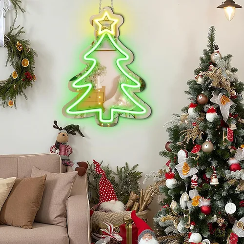 Vista 4 de Espejo de árbol de Navidad de 16 x 12 pulgadas, letrero LED de neón acrílico alimentado por USB, perfecto para decoraciones de vacaciones, fiestas