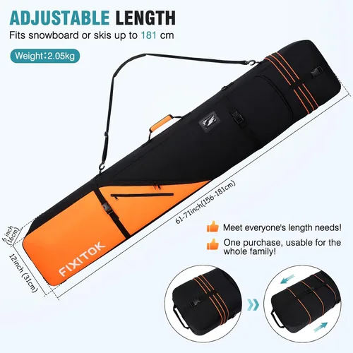 Vista 3 de FIXITOK Bolsa de snowboard y esquí para viajes aéreos, bolsa de snowboard acolchada completa impermeable que se ajusta a tabla, botas, ropa, casco