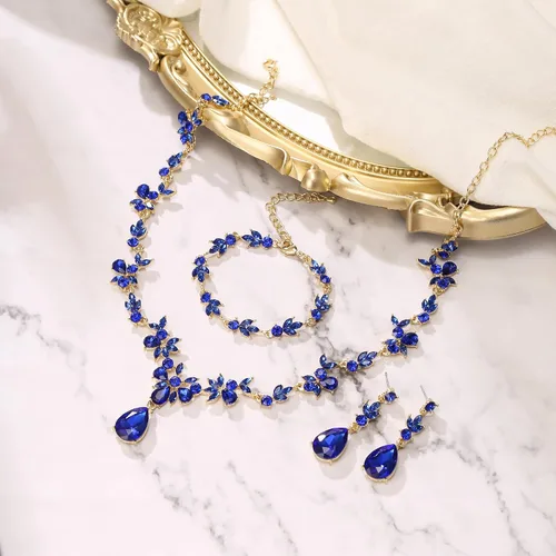 Vista 4 de BriLove Juego de joyas de boda para mujer, novia, collar en Y, pulsera de tenis, juego de aretes colgantes de lágrima de cristal, joyería de racimo