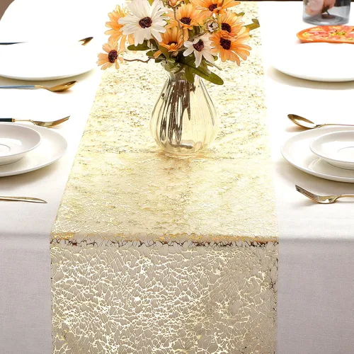Vista 4 de Tatuo 3 piezas de camino de mesa dorado con brillo metálico, camino de mesa metálico con brillo con rollo rectangular de poliéster para decoración