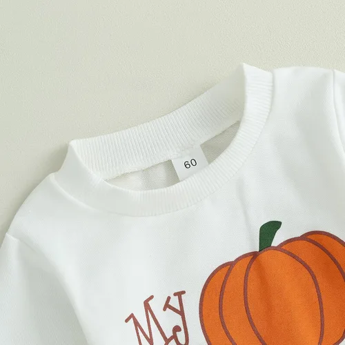 Vista 4 de Ynibbim Mameluco de Halloween para bebé niño con estampado de calabaza a cuadros de manga larga y gorro conjunto para bebé