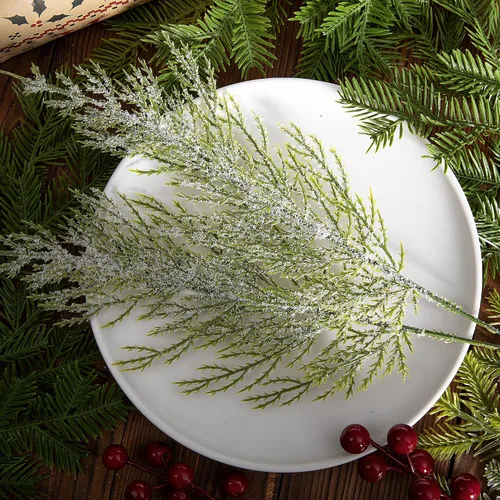 Vista 6 de Alpurple 30 piezas de ramas de pino artificiales con nieve y escarcha de Navidad - 34.3 cm de agujas de pino artificiales con nieve, ramitas - ramas