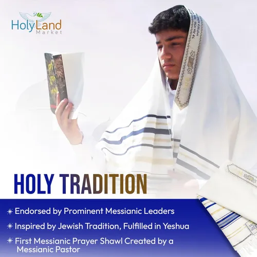 Vista 4 de Holy Land Market Mantón mesiánico de oración Tallit azul reydorado con bolsa, tarjeta y folleto a juego de Israel