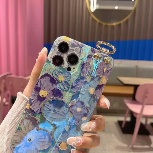 Vista 5 de Funda para iPhone 14 Pro Max con correa para la muñeca, función atril con purpurina de dibujos animados IMD de silicona TPU a prueba de golpes