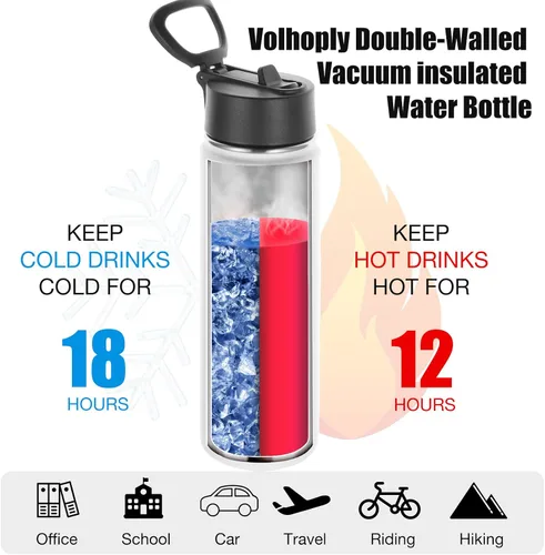 Vista 3 de Volhoply Botellas de agua aisladas con pajita a granel, paquete de 8, no aptas para sublimación, botella deportiva de acero inoxidable de 22 onzas