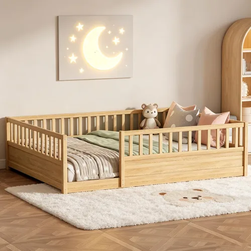 Vista 11 de Bellemave Marco de cama Montessori para niños de tamaño individual con Cerca alta natural