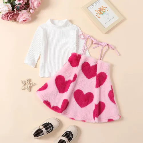 Vista 2 de My First Valentine's Day - Conjunto de ropa para bebé niña con volantes, manga larga, estampado de corazón, falda con tirantes