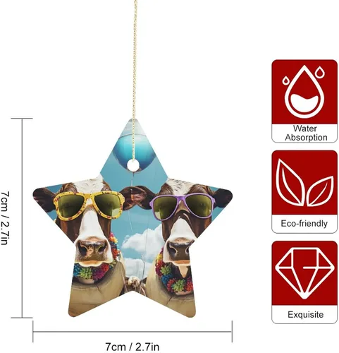 Vista 2 de Adorno de vacas en gafas de sol de porcelana de doble cara de 3 pulgadas, casa de campo, árbol de Navidad, accesorios para colgar, adorno de regalo