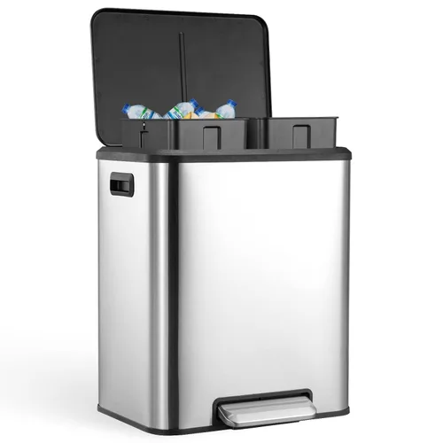 Vista 9 de GAOMON Cubo de Basura Dual Rectangular, Papelera de Acero Inoxidable con Tapa, 30 Litros (2 X 15 L), Papelera con Combinación de Reciclaje, Tapa