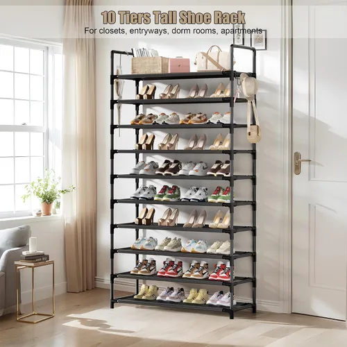 Vista 4 de Zapatero, organizador de almacenamiento de zapatos de 10 niveles con ganchos, se adapta a 40-45 pares de zapatos, estante alto de metal