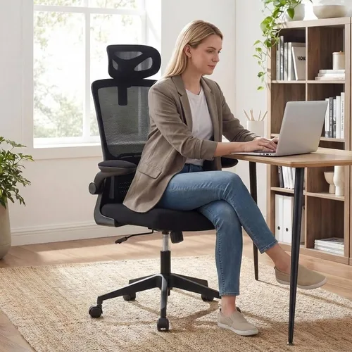 Vista 8 de Silla de oficina ergonómica con reposacabezas, silla de escritorio de malla con respaldo alto, soporte lumbar ajustable, silla giratoria