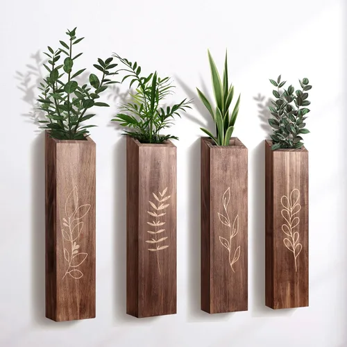 Vista 9 de Macetero de pared de madera, paquete de 4 jarrones de pared con bolsillo para interiores, decoración para sala de estar, dormitorio, flores secas