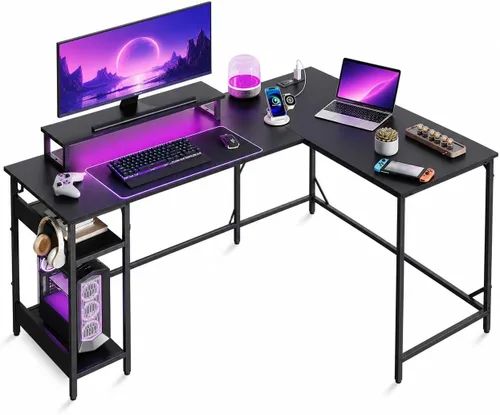 Vista 13 de DEVAISE Escritorio para juegos en forma de L de 47 pulgadas con luces LED y tomas de corriente, escritorio de esquina para espacios pequeños, mesa