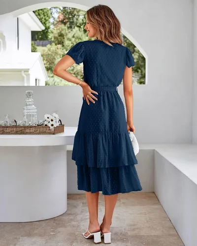 Vista 5 de BTFBM Vestido bohemio casual para mujer, cuello en V, manga corta, gasa, lunares suizos, cinturón y volantes, vestido envolvente para invitadas