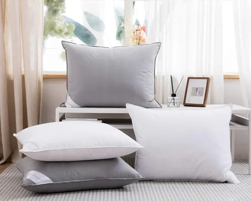 Vista 6 de Juego de 2 almohadas estándar de plumas de ganso para hotel, color gris, 100% algodón suave, almohadas de apoyo