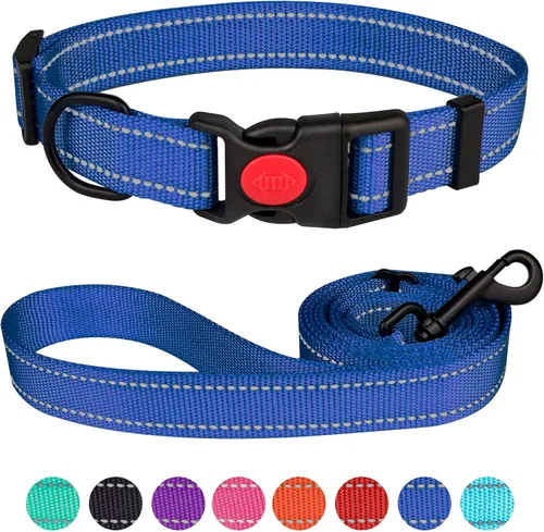Vista 14 de Juego de collar y correa reflectante para perro con hebilla de bloqueo de seguridad, collares de nailon para mascotas ajustables para perros Negro