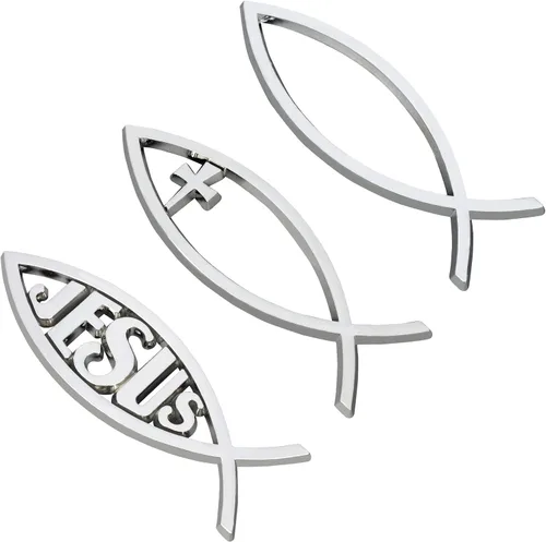 Vista 8 de SUPERFINDINGS 3 calcomanías de plástico ABS plateado con diseño de pez de Jesús, 5.5 x 1.8 pulgadas, 3D, calcomanía para coche, emblema, Dios Plata