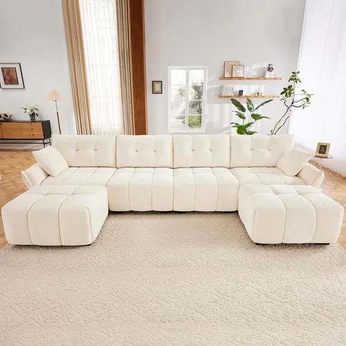 Vista 41 de Leyu&Hafort Sofá modular seccional, sofá modular Cloud con asiento profundo, moderno sofá modular con otomana móvil, sofá de felpilla con almohadas