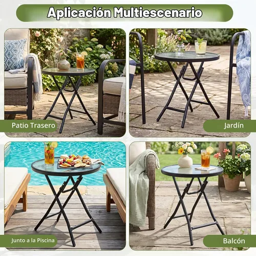 Vista 7 de GIANTEX Mesa auxiliar redonda plegable, mesa de patio con mesa de vidrio Semitransparente + Negro