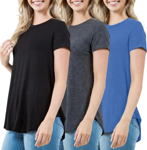 Vista 12 de Azules Blusa larga de manga corta para mujer, con cuello redondo y dobladillo curvado, suave y elástica