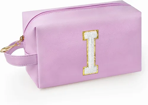 Vista 38 de Bolsa de maquillaje personalizada con inicial con asa, bolsa de cosméticos de preparación con bolsillo interior con cremallera, 8, 9, 10, 11, 12 Rosa