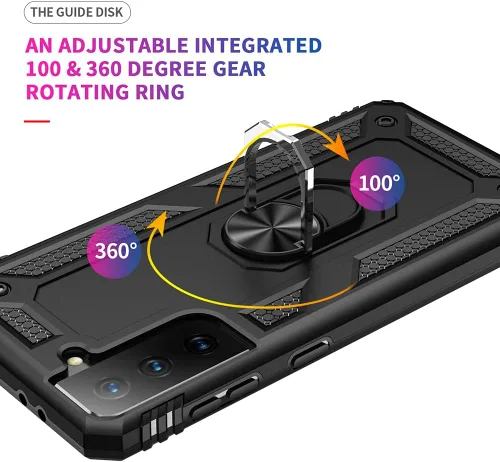 Vista 4 de Androgate Funda compatible con Samsung Galaxy S21 FE 5G con protectores de pantalla HD, soporte de anillo de metal de grado militar, prueba de Negro