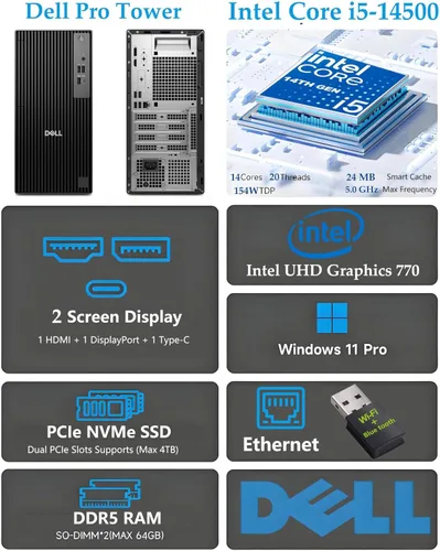 Vista 2 de Dell OptiPlex - Computadora de escritorio Torre, Intel 14-Core i5-14500 de 14ª generación (hasta 5.0 GHz), 64 GB DDR5 RAM, SSD PCIe de 2 TB, PC