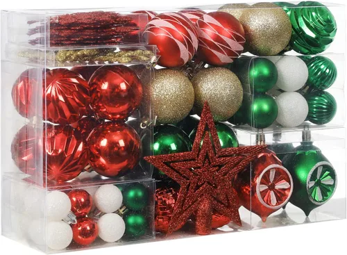Vista 13 de XmasExp - Paquete de 99 adornos de bolas de Navidad surtidos Juego de bolas de Navidad inastillables con paquete de regalo de mano reutilizable