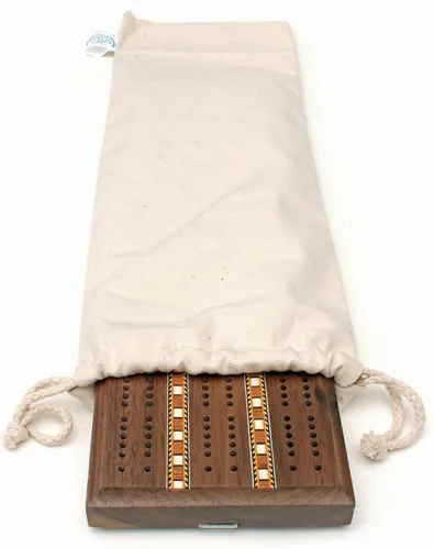 Vista 3 de WE Games Juego de cuna de lujo, tablero de madera de nogal de 3 pistas con incrustaciones, clavijas de cuna de fácil agarre, tarjetas y bolsa