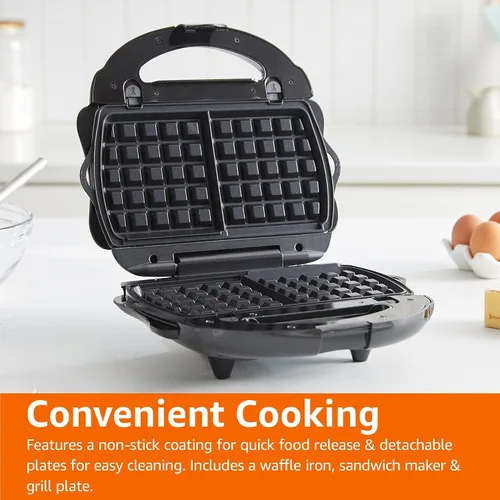 Vista 8 de Amazon Basics Wafflera, Sandwichera y Parrilla 3 en 1 Negra, 700W