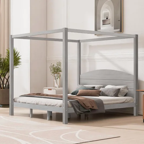 Vista 7 de Linique Cama de plataforma tamaño King con cabecera y patas de soporte, marco de cama King de madera con cuatro pósteres, no requiere somier, gris