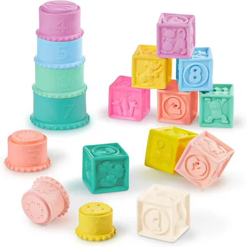 Vista 12 de B. toys Elemenosqueeze - Bloques para bebé, 26 bloques de construcción