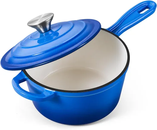 Vista 32 de Onader Sartén de hierro fundido esmaltado, cacerola pequeña de 1 cuarto de galón con tapa, olla de hierro fundido, horno holandés esmaltado, Blanco