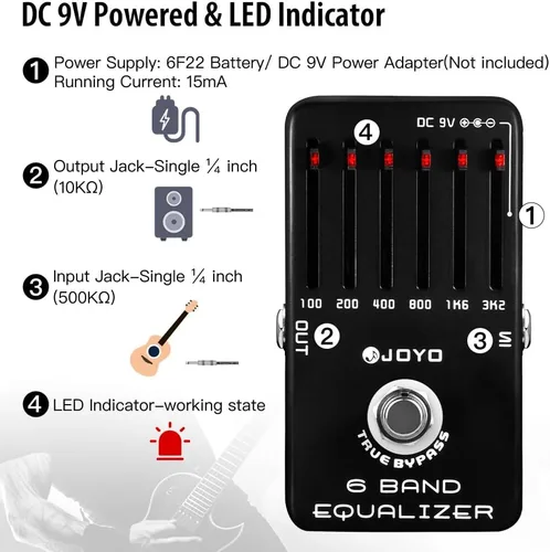 Vista 6 de JOYO Pedal ecualizador de guitarra eléctrica de 6 bandas (100Hz 200Hz 400Hz 800Hz 1.6kHz 3.2kHz) Proporciona ±18dB para cada banda (JF-11)