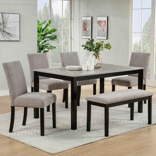 Vista 10 de LUMISOL - Juego de mesa de comedor de madera maciza con 4 sillas tapizadas y banco para cocina, comedor, sala de estar, gris plateado