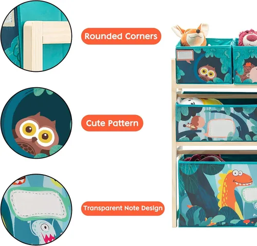 Vista 8 de Jomifin Organizador de almacenamiento de juguetes para niños con 6 cubos grandes de almacenamiento para juguetes, estante de juguetes de madera