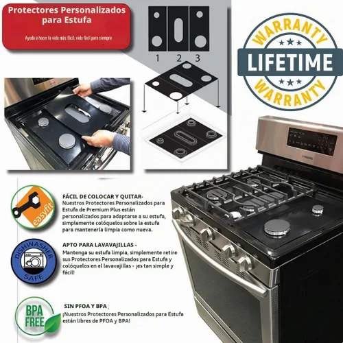 Vista 4 de Protectores de estufa Premium Plus para cocina KitchenAid modelo KFGD500ESS04, corte personalizado, revestimiento de estufa fácil de limpiar