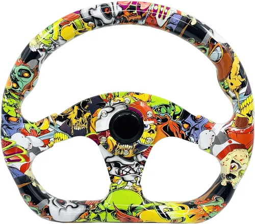 Vista 9 de Volante de carreras con patrón de graffiti, volante plano de Drifting Sim Drift Pc con botón de bocina