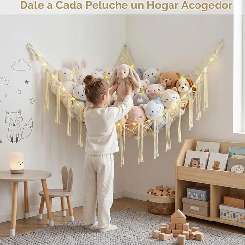 Vista 5 de Basumee Hamaca de animales de peluche con red de esquina de luz LED Crema