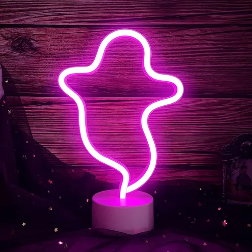 Vista 5 de Señal de neón fantasma de Halloween con base, señal de luz LED, lámpara en forma de fantasma alimentada por batería o USB para decoración de fiesta