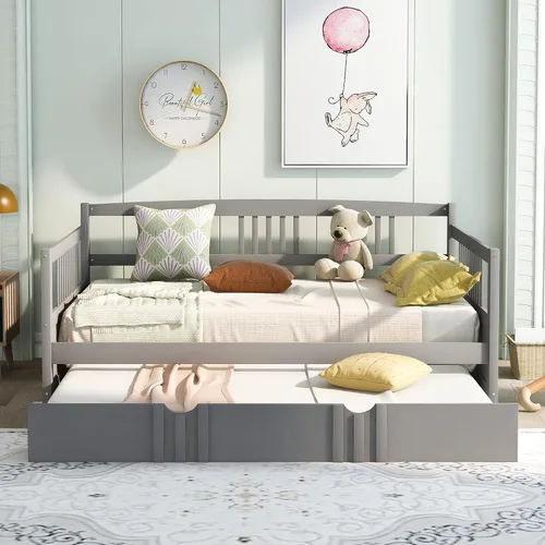 Vista 10 de P PURLOVE Sofá cama individual de madera con rieles, cama individual, listones de madera que soportan la vida moderna, individual, espresso
